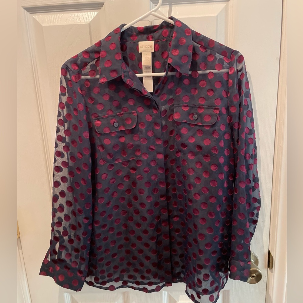 Chico’s Sheer Polka Dot Blouse Blue Maroon Petite 6